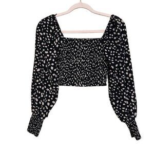 Francescas MiAmi Milkmaid Smocked Top Womens Small Puff Long Sleeve Black Tan